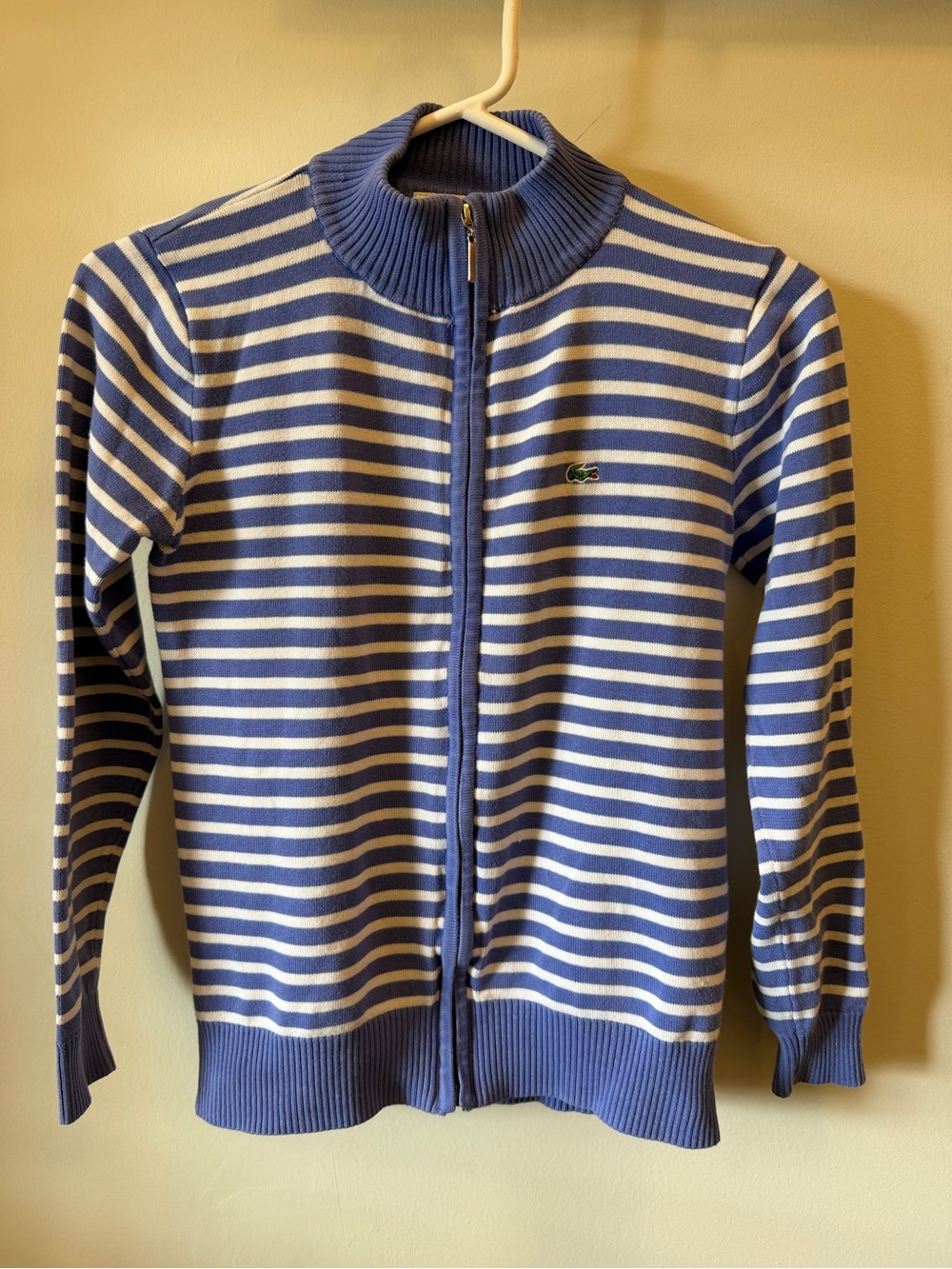 Lacoste Blue and White Striped Zip Sweater